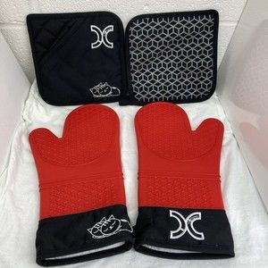 4pcs Red Cotton Long Silicone Oven Mitts & Potholders Set Cute Embroidered Cats